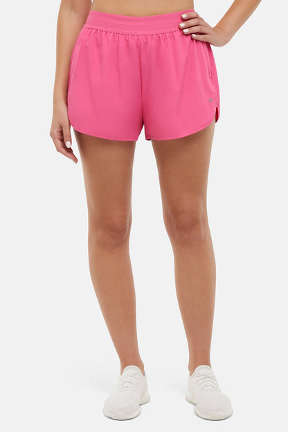 Flora Woven Short, close-up view of fabric and stitching, showing visible design features and texture of the soft knit fabric. 