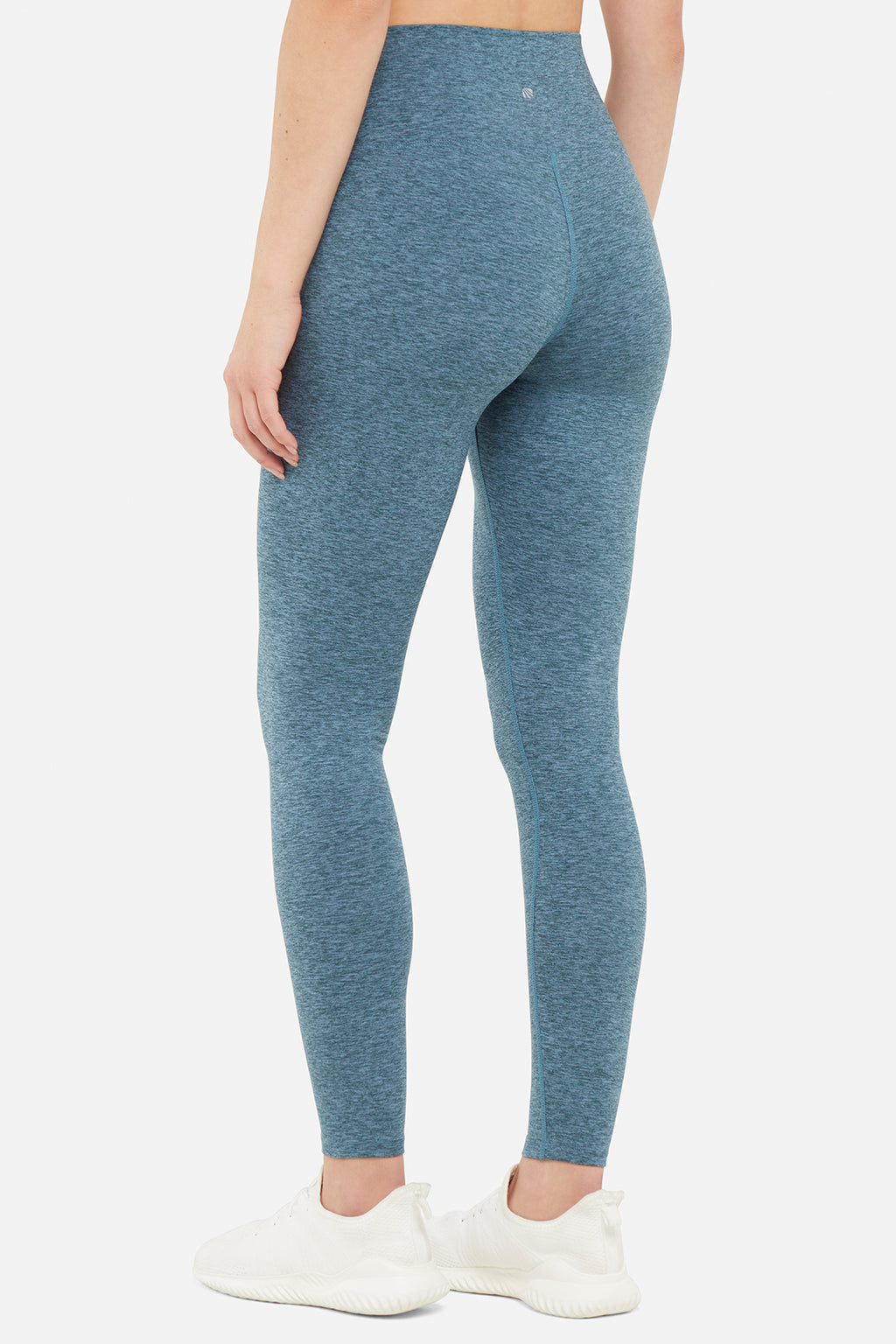 Luna Legging, side view showing pocket placement, showing visible design features and texture of the stretch knit fabric.. #color_heather-tidal
