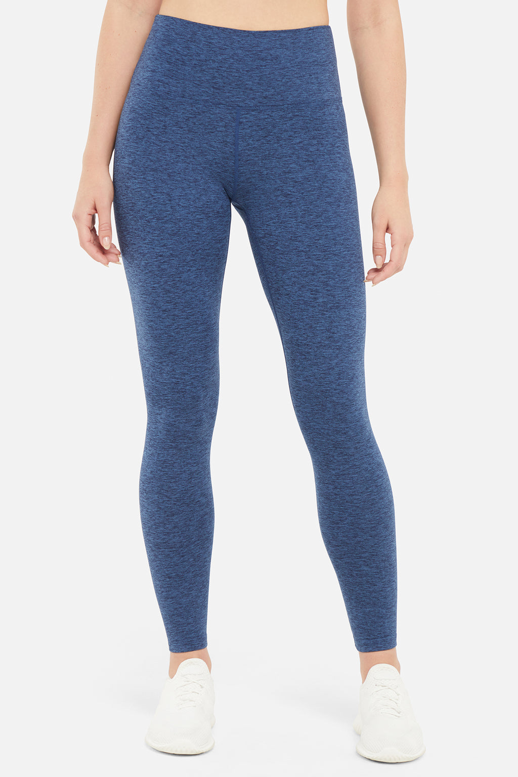 Luna Legging, alternate angle view, showing visible design features and texture of the stretch knit fabric.. #color_heather-total-eclipse