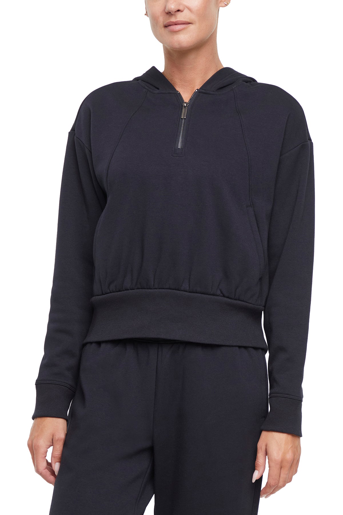 Roxie 1/4 Zip Hoodie, alternate angle view, showing visible design features and texture of the soft fleece fabric.. 