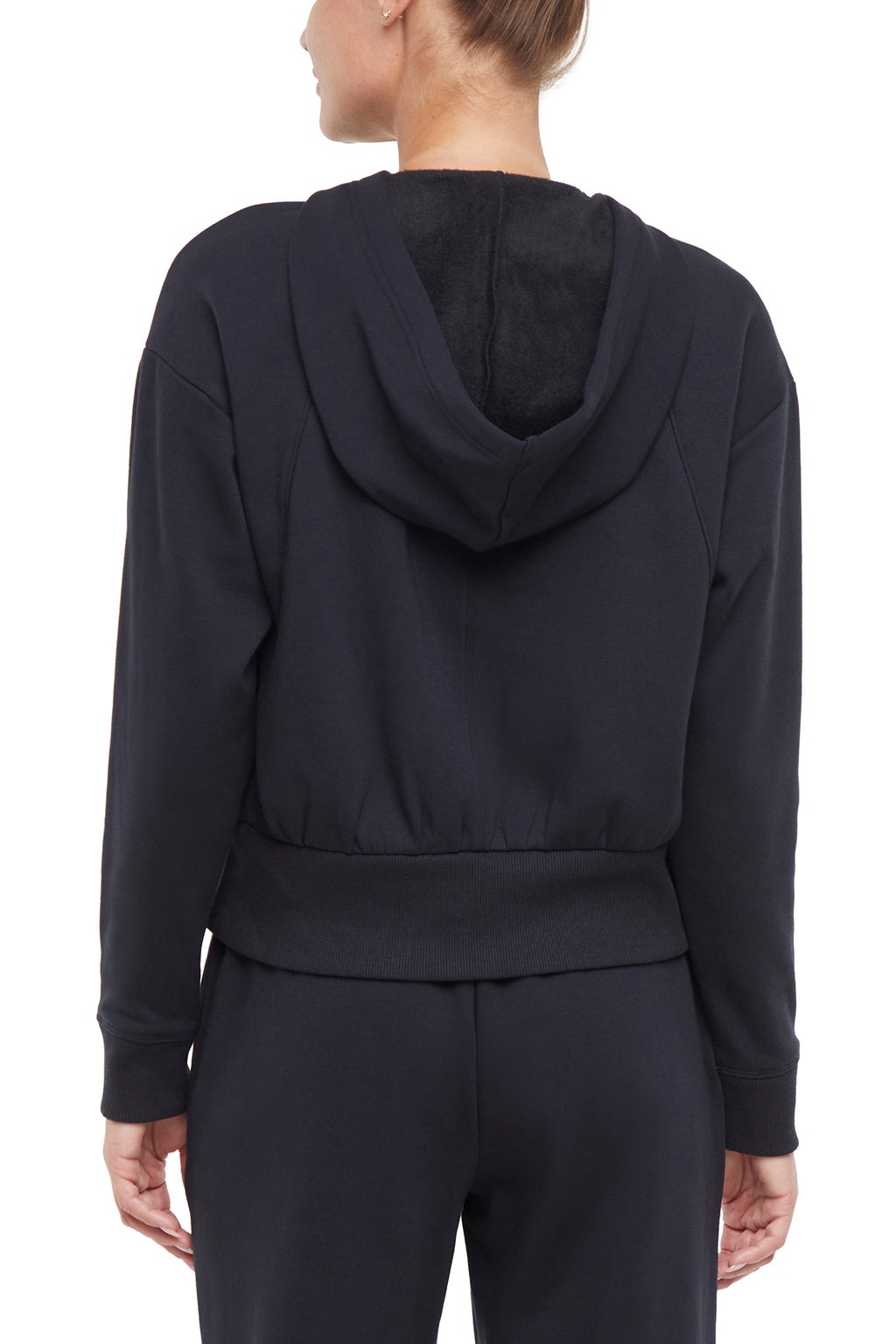 Roxie 1/4 Zip Hoodie, alternate angle view, showing visible design features and texture of the soft fleece fabric. #color_black