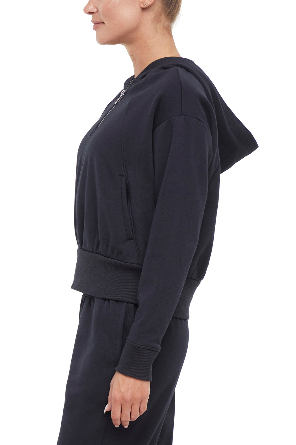 Roxie 1/4 Zip Hoodie, alternate angle view, showing visible design features and texture of the soft fleece fabric. #color_black