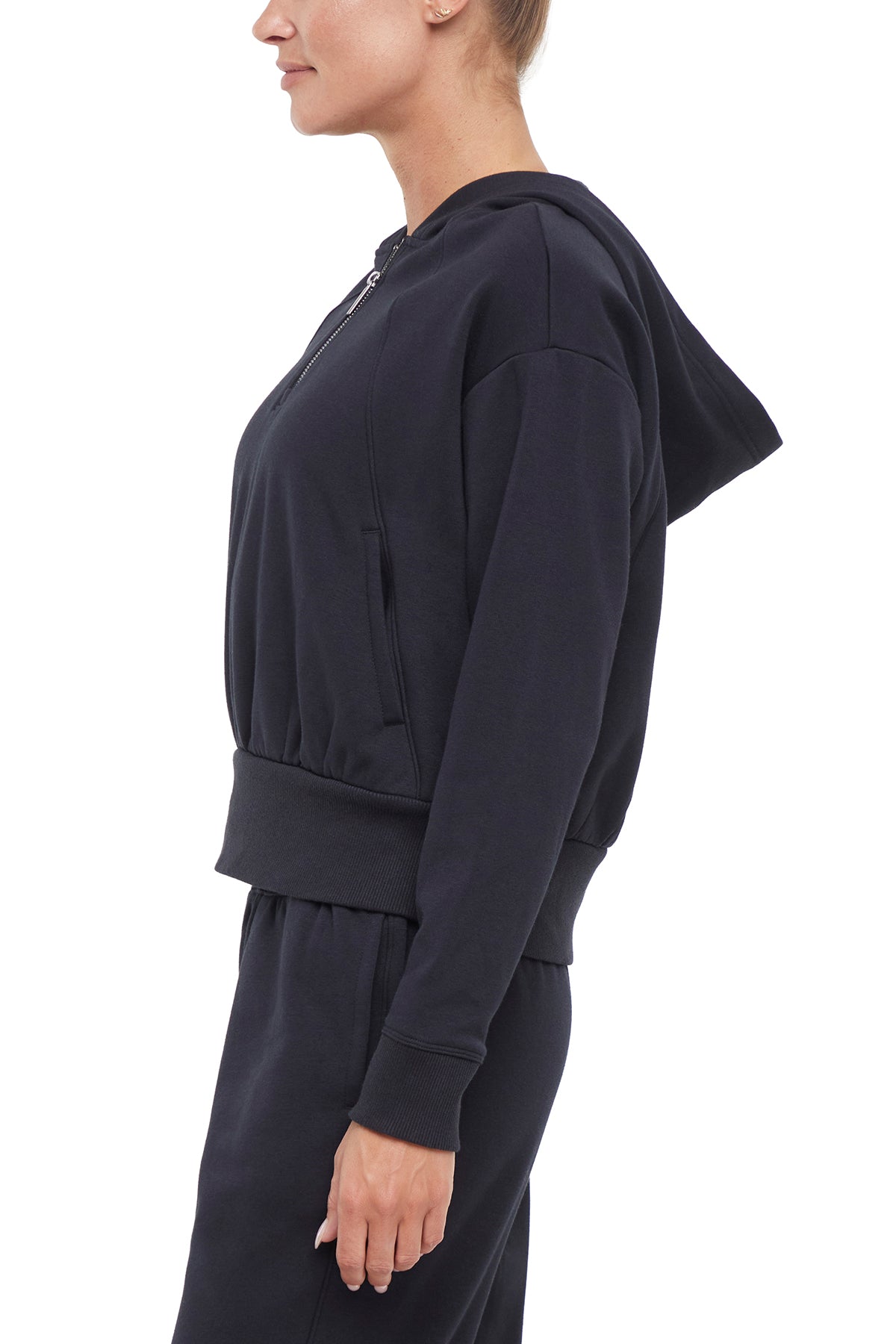 Roxie 1/4 Zip Hoodie, alternate angle view, showing visible design features and texture of the soft fleece fabric.. 