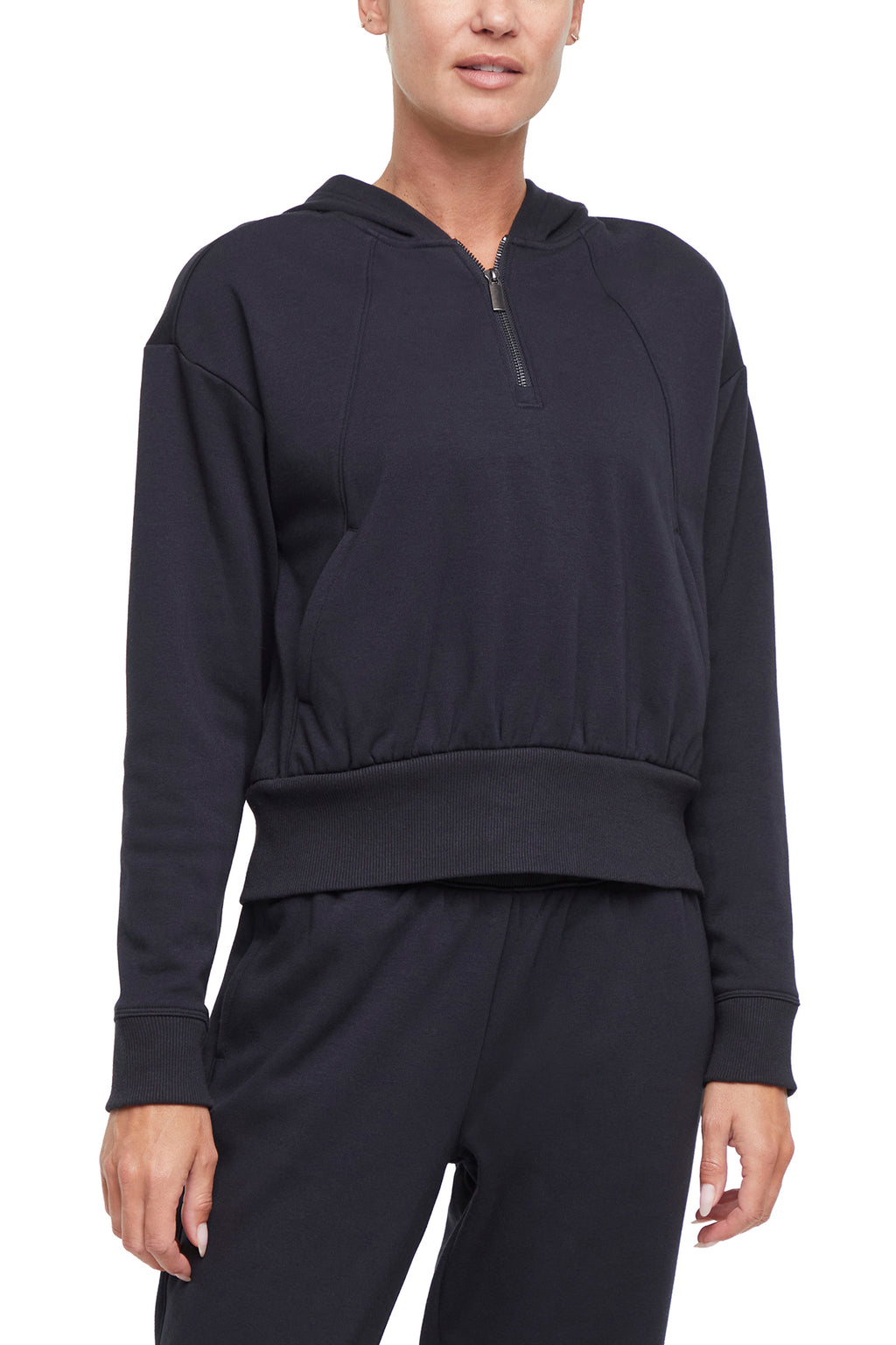Roxie 1/4 Zip Hoodie, alternate angle view, showing visible design features and texture of the soft fleece fabric. #color_black