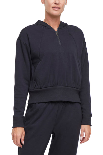 Roxie 1/4 Zip Hoodie, alternate angle view, showing visible design features and texture of the soft fleece fabric.. 