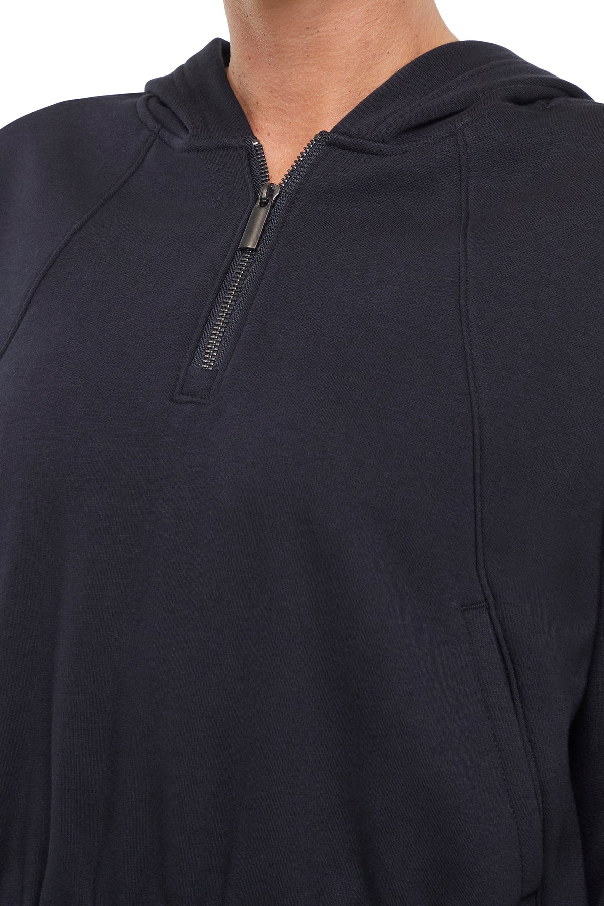 Roxie 1/4 Zip Hoodie, alternate angle view, showing visible design features and texture of the soft fleece fabric.. 