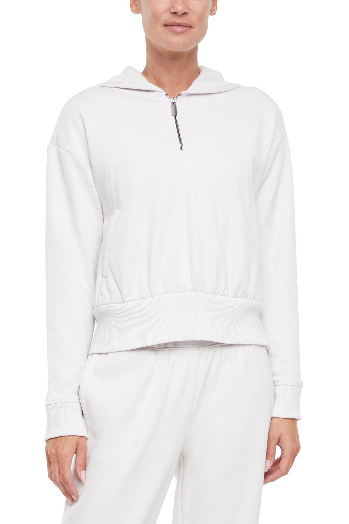 Roxie 1/4 Zip Hoodie, close-up view of fabric and stitching, showing visible design features and texture of the soft fleece fabric.. 