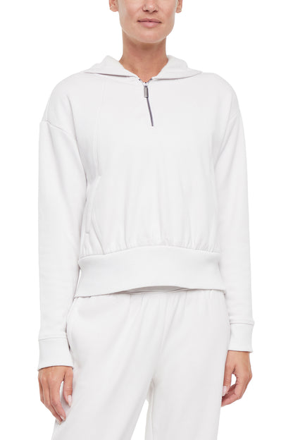 Roxie 1/4 Zip Hoodie, close-up view of fabric and stitching, showing visible design features and texture of the soft fleece fabric.. 