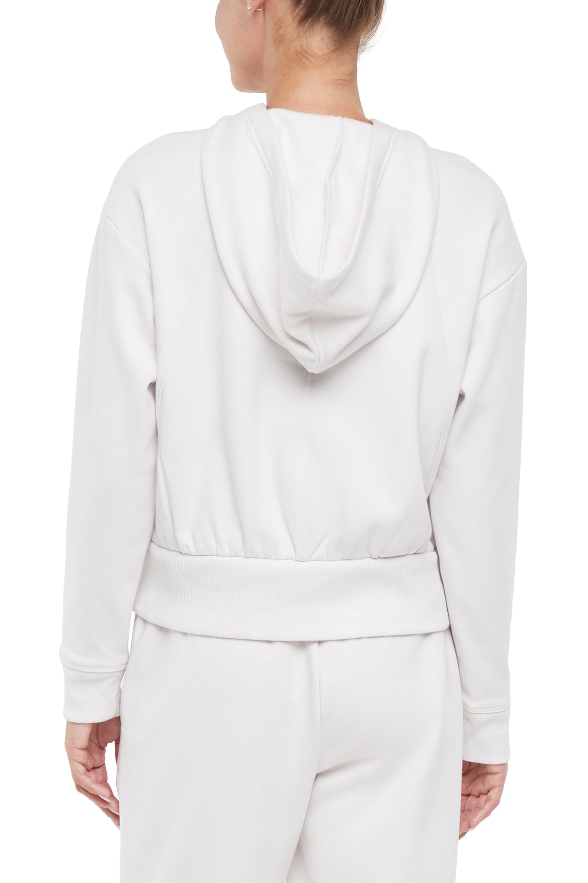 Roxie 1/4 Zip Hoodie, side view showing pocket placement, showing visible design features and texture of the soft fleece fabric.. 