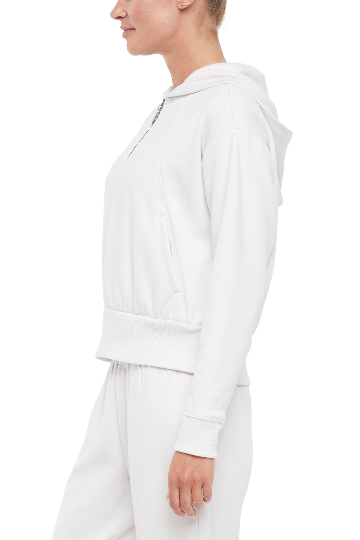 Roxie 1/4 Zip Hoodie, alternate angle view, showing visible design features and texture of the soft fleece fabric.. 