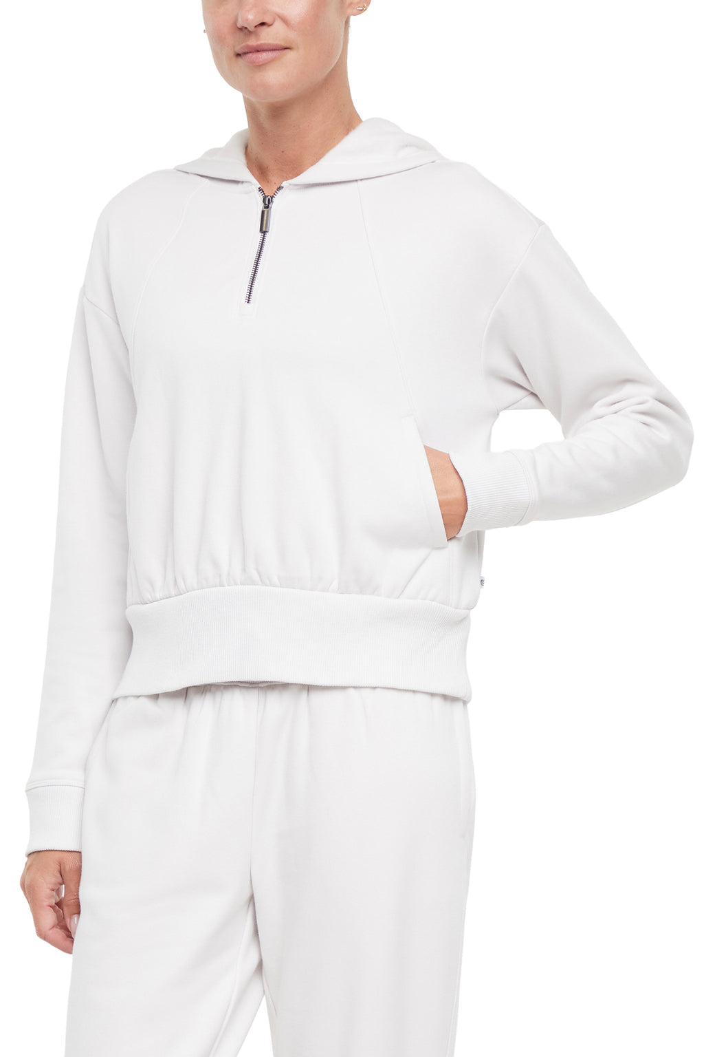 Roxie 1/4 Zip Hoodie, front view, showing visible design features and texture of the soft fleece fabric. #color_nimbus-cloud