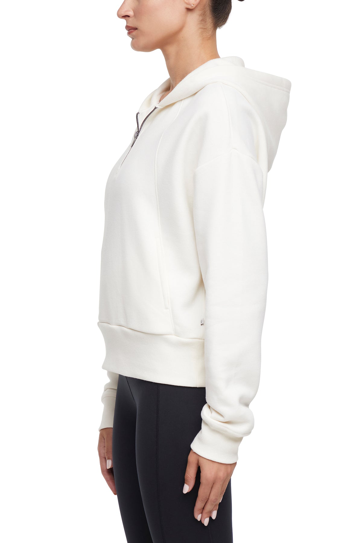 Calliope 1/4 Zip Hoodie, alternate angle view, showing visible design features and texture of the soft fleece fabric.. 