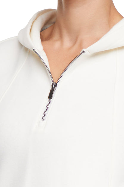 Calliope 1/4 Zip Hoodie, back view, showing visible design features and texture of the soft fleece fabric.. 