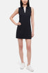 Front view of woman wearing a black sleeveless polo dress with a white stripe collar on a white background. 