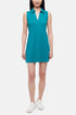 Front view of woman wearing a teal sleeveless polo dress with a white stripe collar on a white background. 