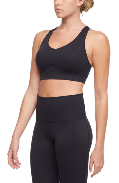 Rubina Sports Bra, alternate angle view, showing visible design features and texture of the soft knit fabric.. 