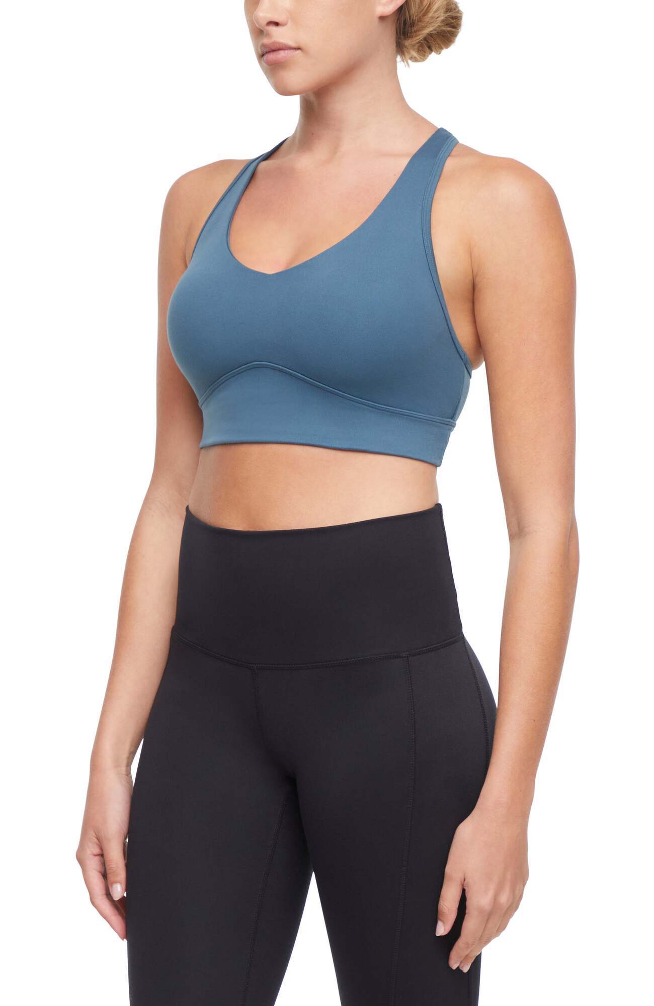 Rubina Sports Bra, alternate angle view, showing visible design features and texture of the soft knit fabric.. 