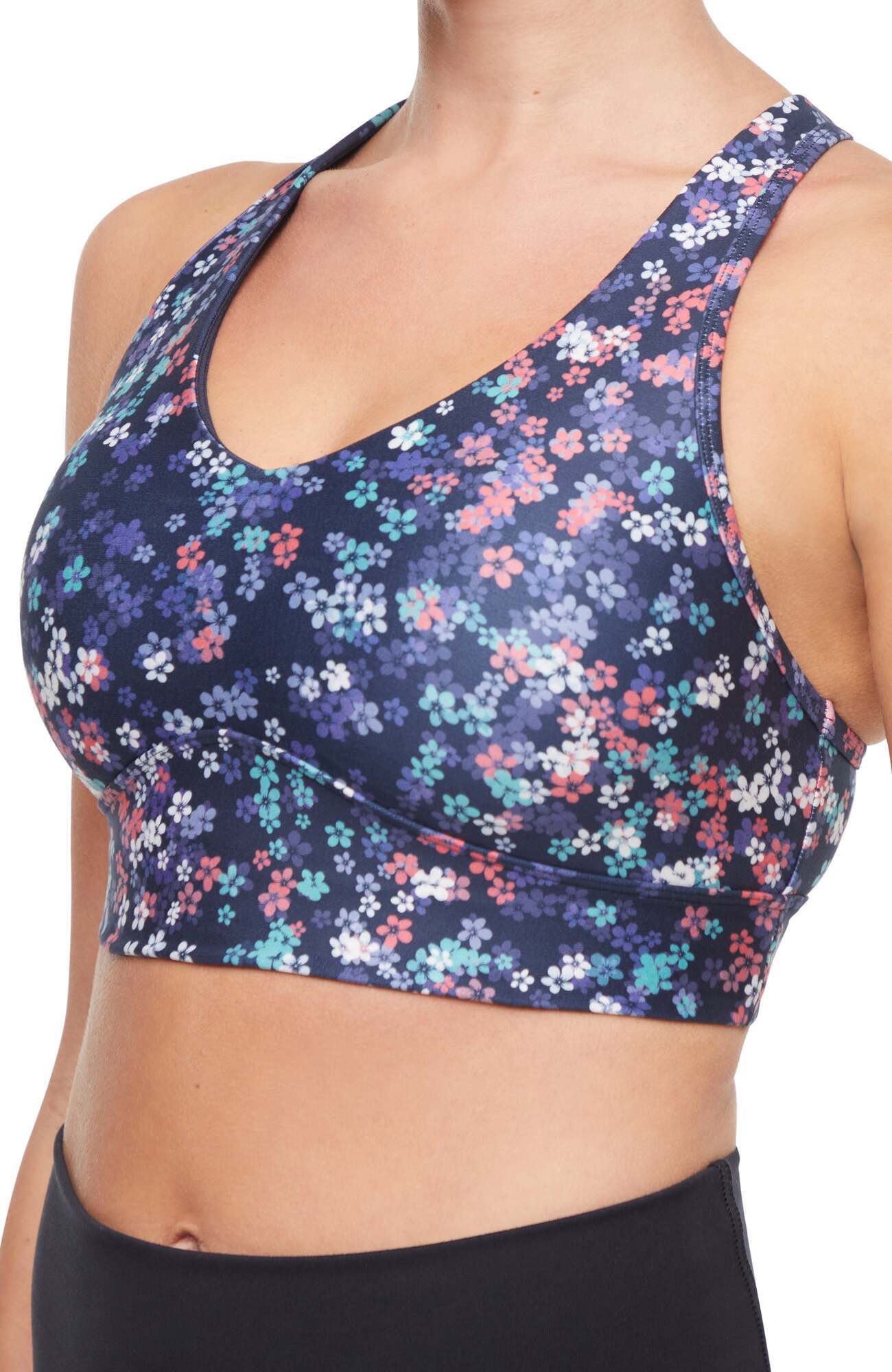 Rubina Sports Bra, alternate angle view, showing visible design features and texture of the soft knit fabric.. 