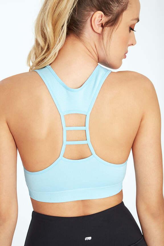 Haley Seamless Sports Bra, alternate angle view, showing visible design features and texture of the soft knit fabric.. 