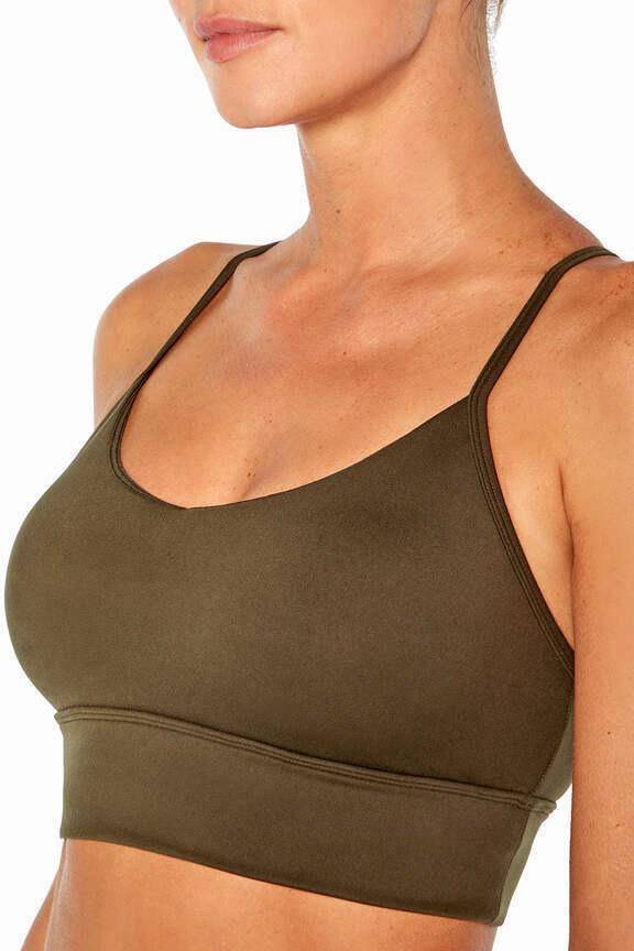 Alli Sports Bra, back view, showing visible design features and texture of the soft knit fabric.. 