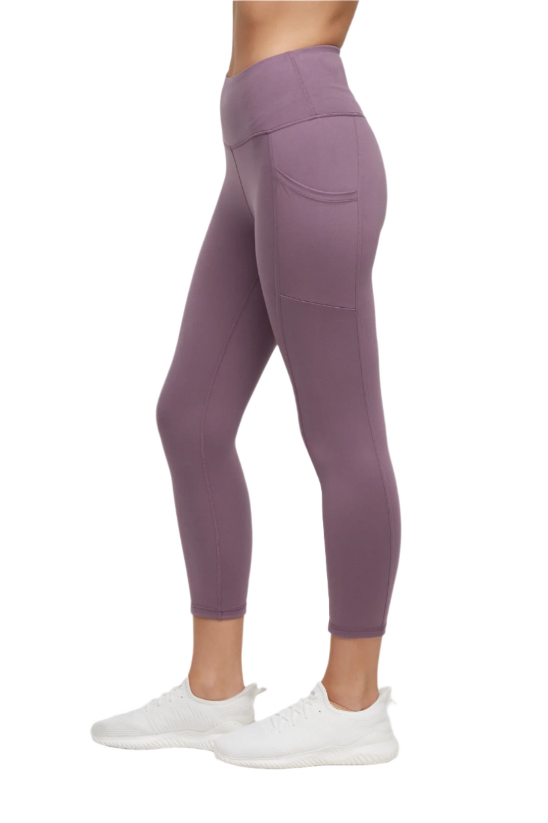 Drew Side Pocket Tummy Control Mid Calf Capri - Black Plum, front view, showing visible design features and texture of the soft knit fabric.. 