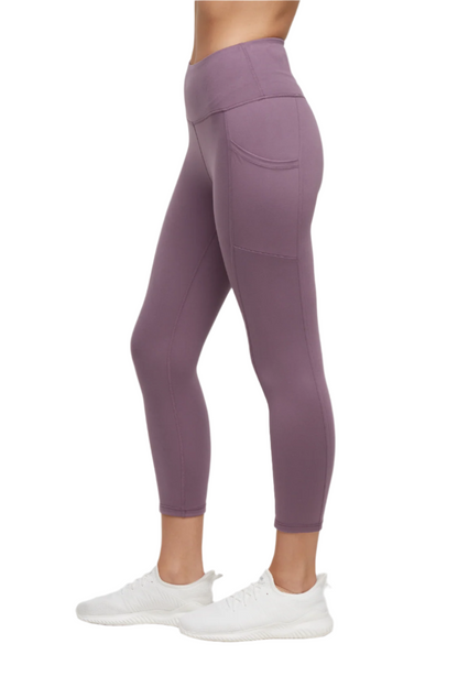 Drew Side Pocket Tummy Control Mid Calf Capri - Black Plum, front view, showing visible design features and texture of the soft knit fabric.. 