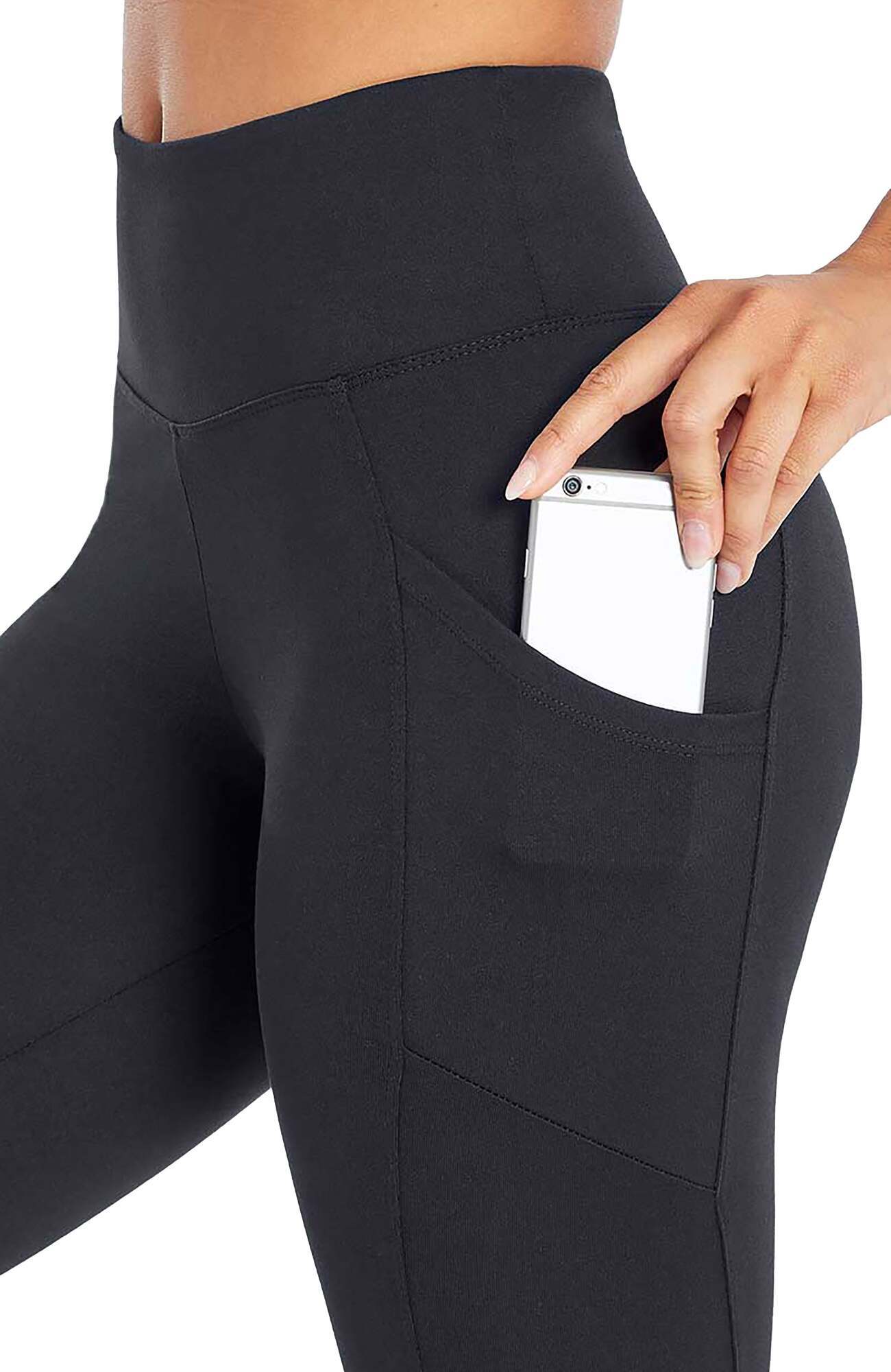 Drew Side Pocket Tummy Control Mid Calf Capri, alternate angle view, showing visible design features and texture of the soft knit fabric.. 
