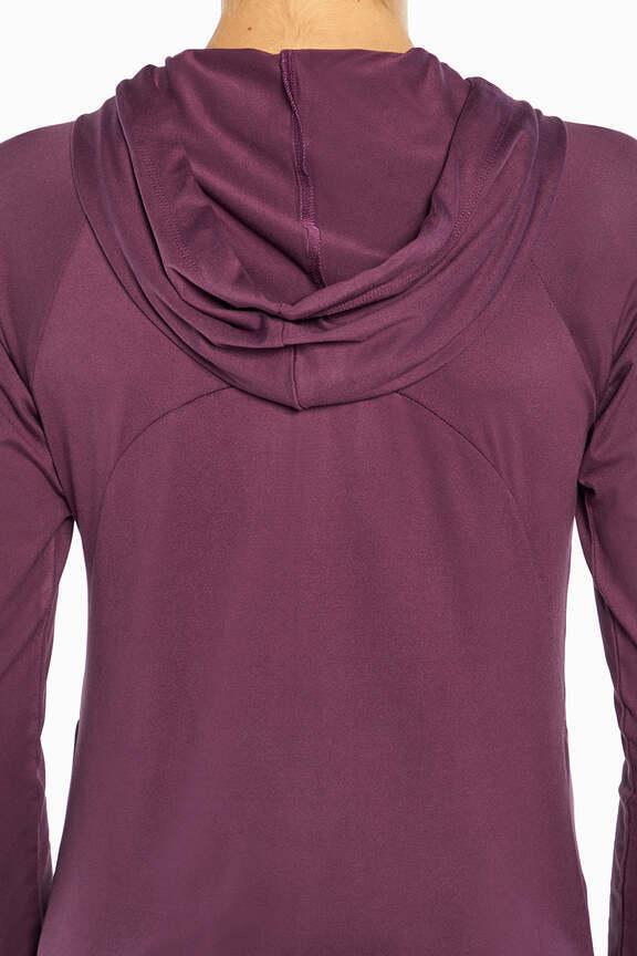 Mona Jacket, alternate angle view, showing visible design features and texture of the smooth woven fabric.. 