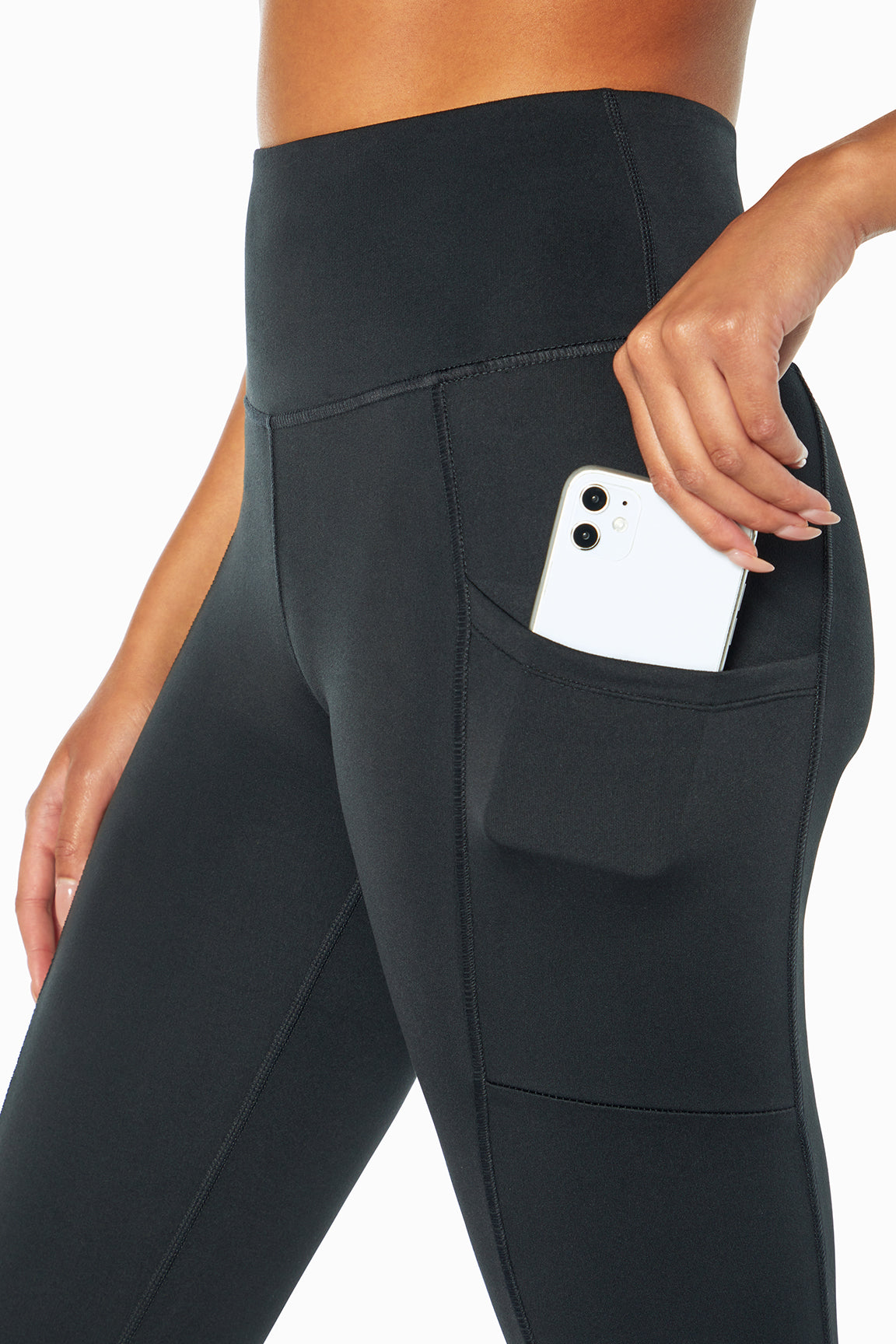 Talia Side Pocket Tummy Control Legging, alternate angle view, showing visible design features and texture of the stretch knit fabric.. 