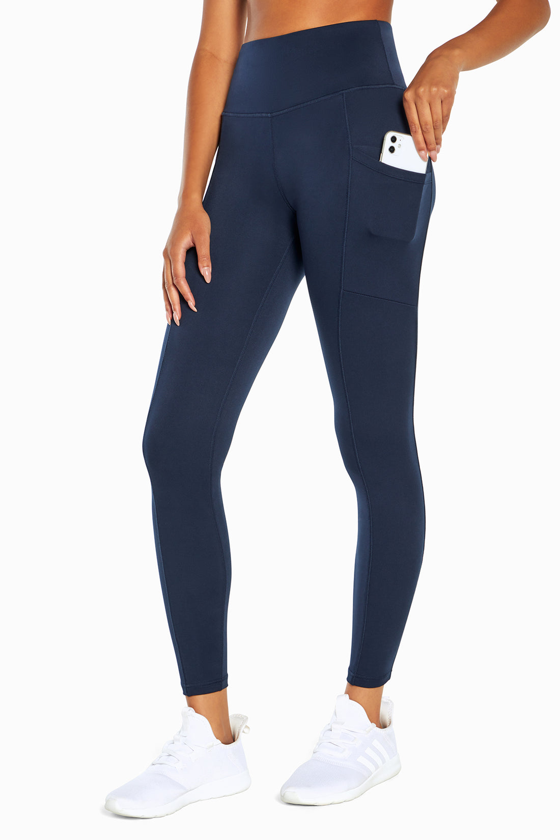 Talia Side Pocket Tummy Control Legging, front view, showing visible design features and texture of the stretch knit fabric..