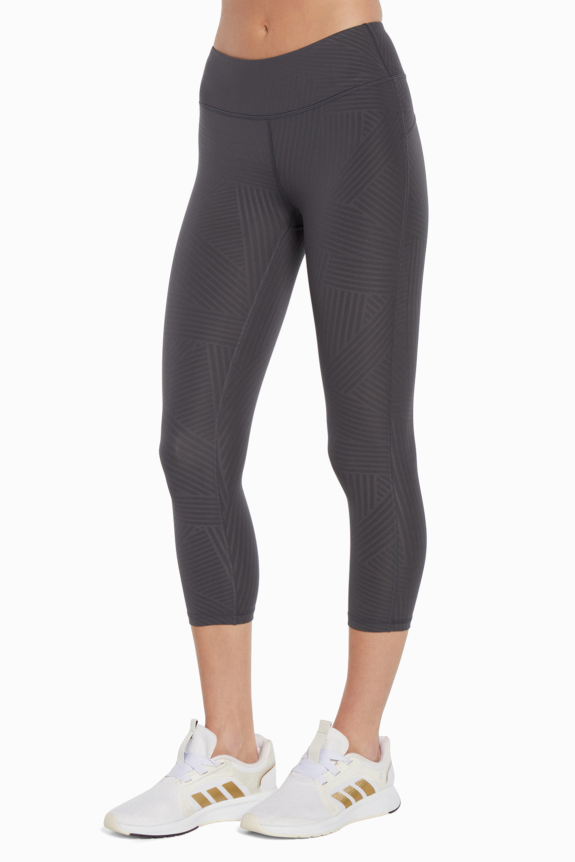 Active Basic Capri, front view, showing visible design features and texture of the soft knit fabric.. 