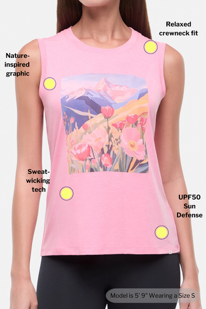 Pink sleeveless shirt with nature graphic, labeled features on a white background. 