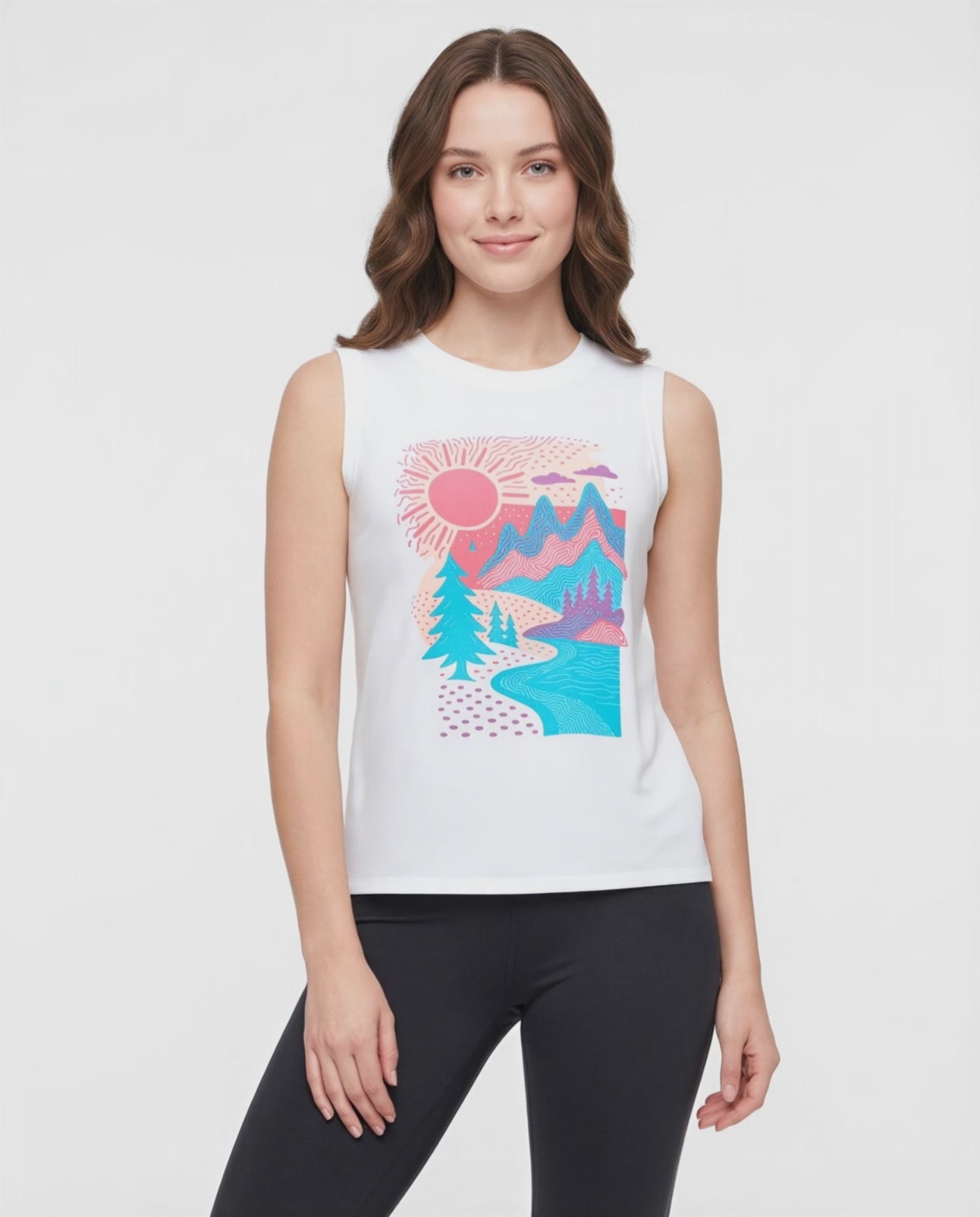 Video view of woman wearing white sleeveless shirt with a colorful nature graphic on a white background. #color_sugar-swizzle-abstract-hills
