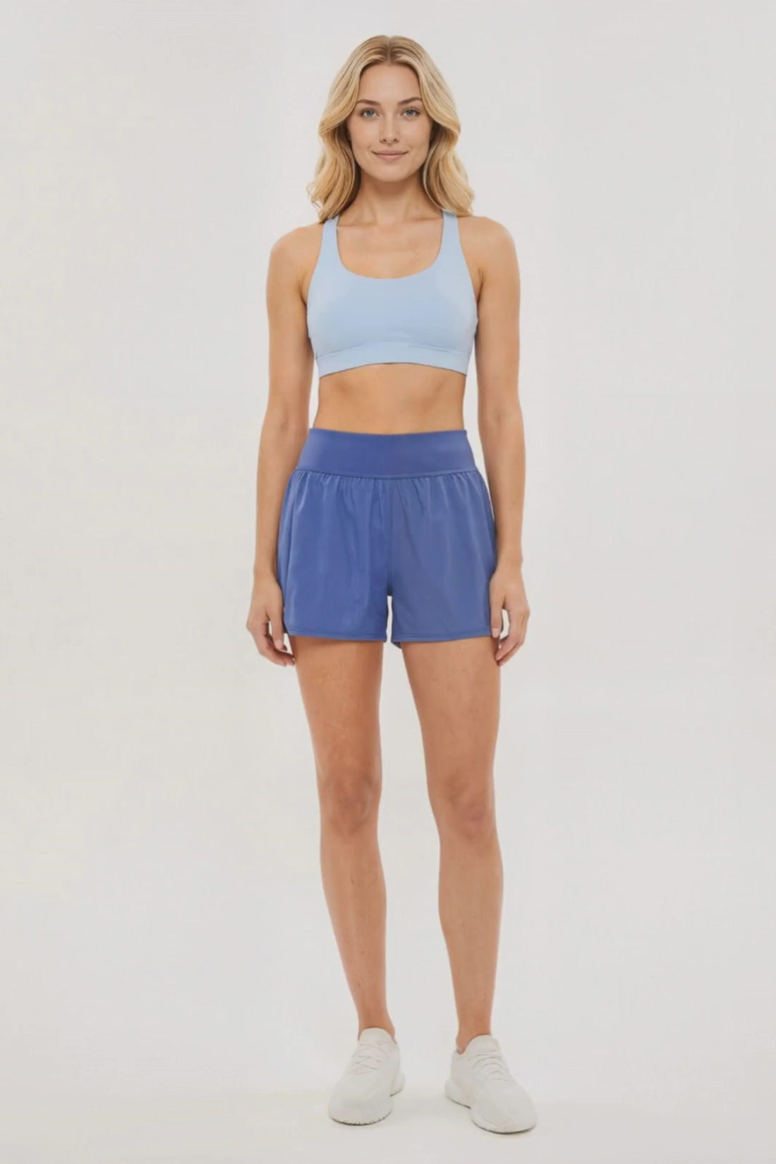 Stassi Woven Short, alternate angle view, showing visible design features and texture of the soft knit fabric.. #color_gray-blue