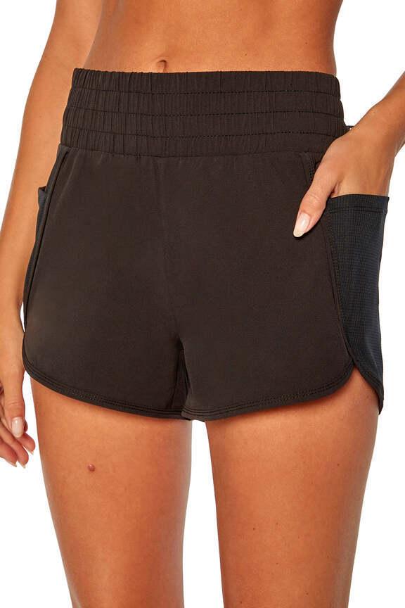 Lydia Short, alternate angle view, showing visible design features and texture of the soft knit fabric.. 