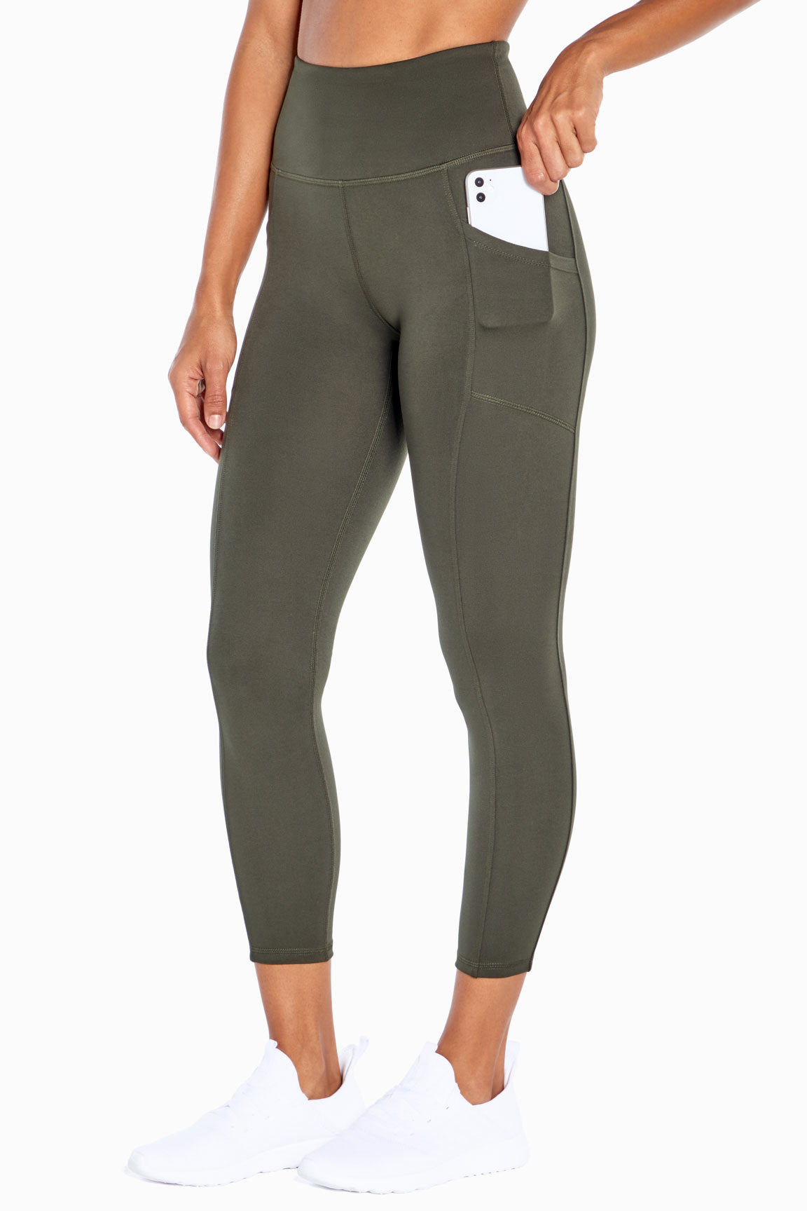 Balance Collection Eclipse Side Pocket Ankle Legging, alternate angle view, showing visible design features and texture of the stretch knit fabric.. 