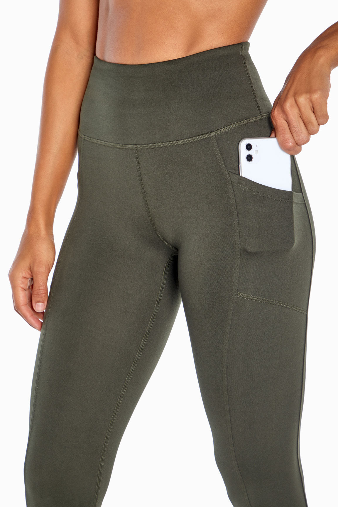 Balance Collection Eclipse Side Pocket Ankle Legging, alternate angle view, showing visible design features and texture of the stretch knit fabric.. 