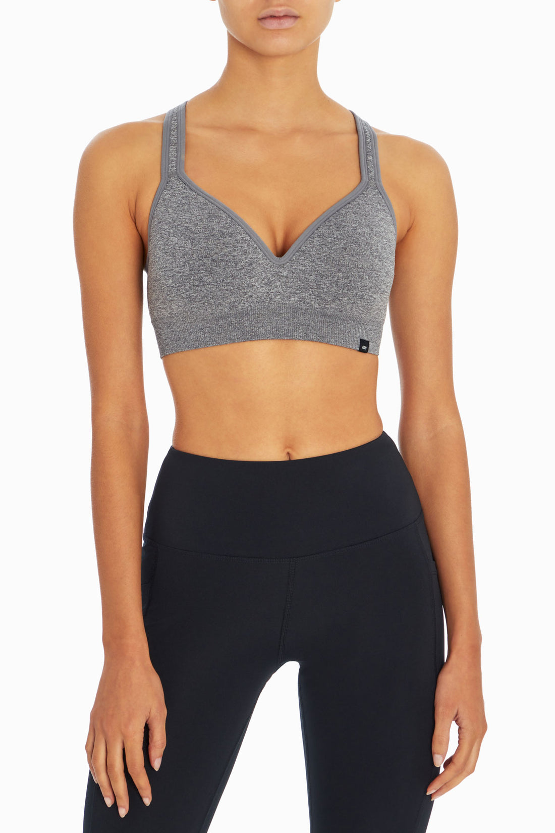 Johanna Seamless Molded Sports Bra, alternate angle view, showing visible design features and texture of the soft knit fabric.. 