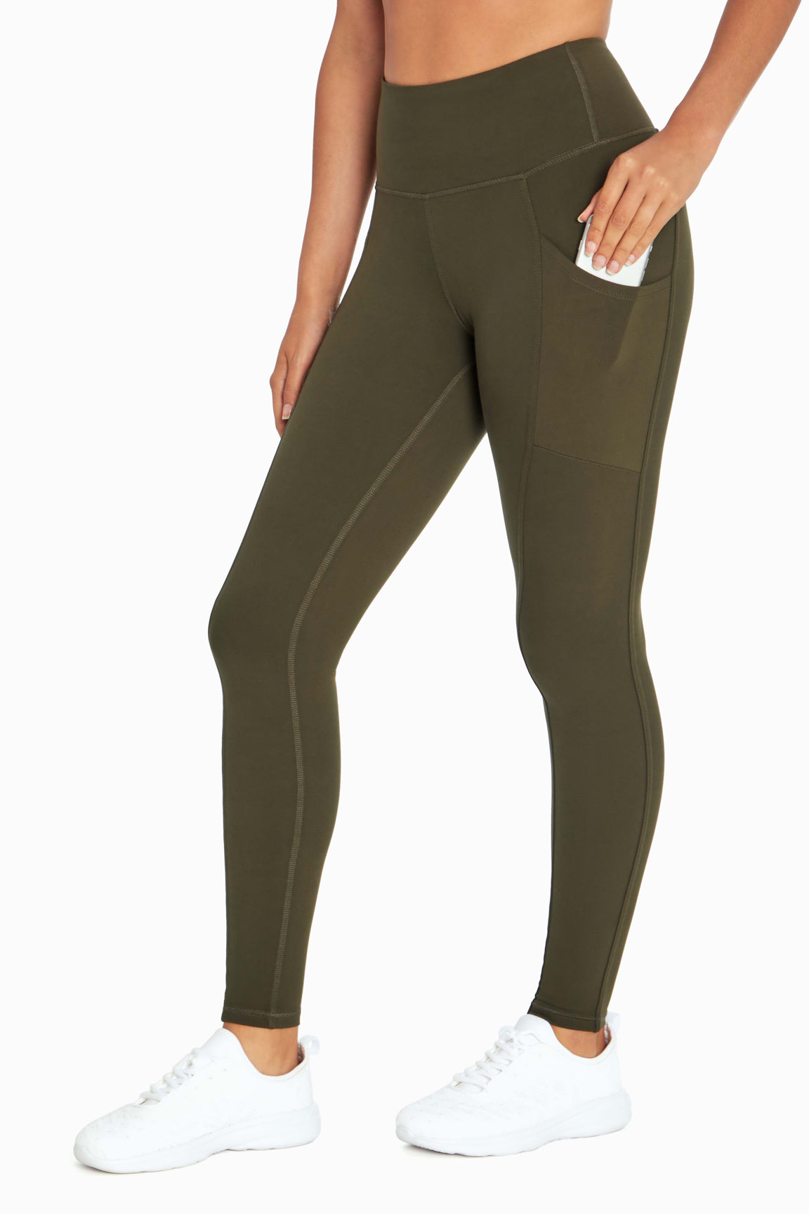 Cameron Side Pocket Tummy Control Legging, alternate angle view, showing visible design features and texture of the stretch knit fabric.. 